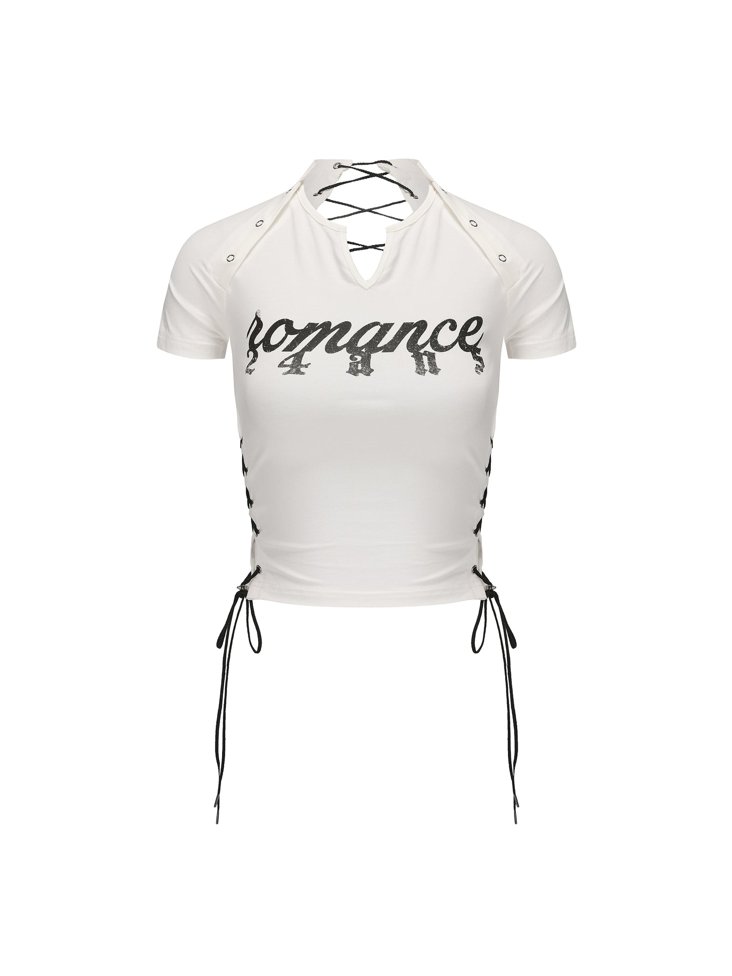 24ans Multifunctional Letter Print Back Lace High Waisted Slim Fit Tee MISSTT