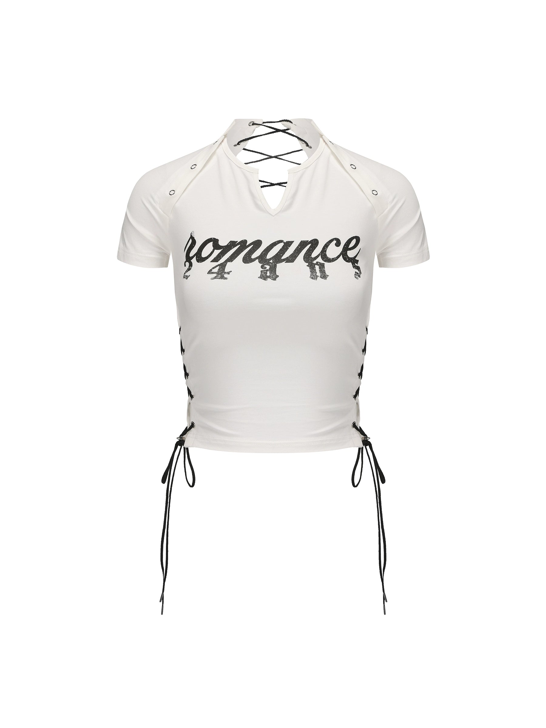 24ans Multifunctional Letter Print Back Lace High Waisted Slim Fit Tee MISSTT