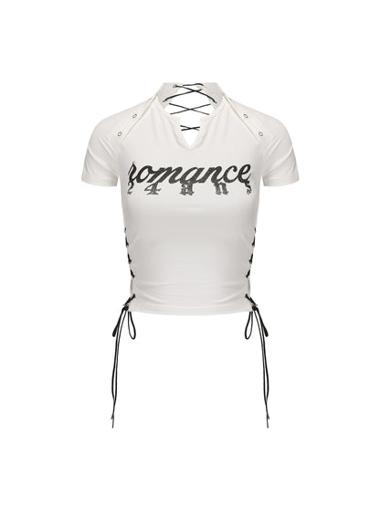 24ans Multifunctional Letter Print Back Lace High Waisted Slim Fit Tee MISSTT