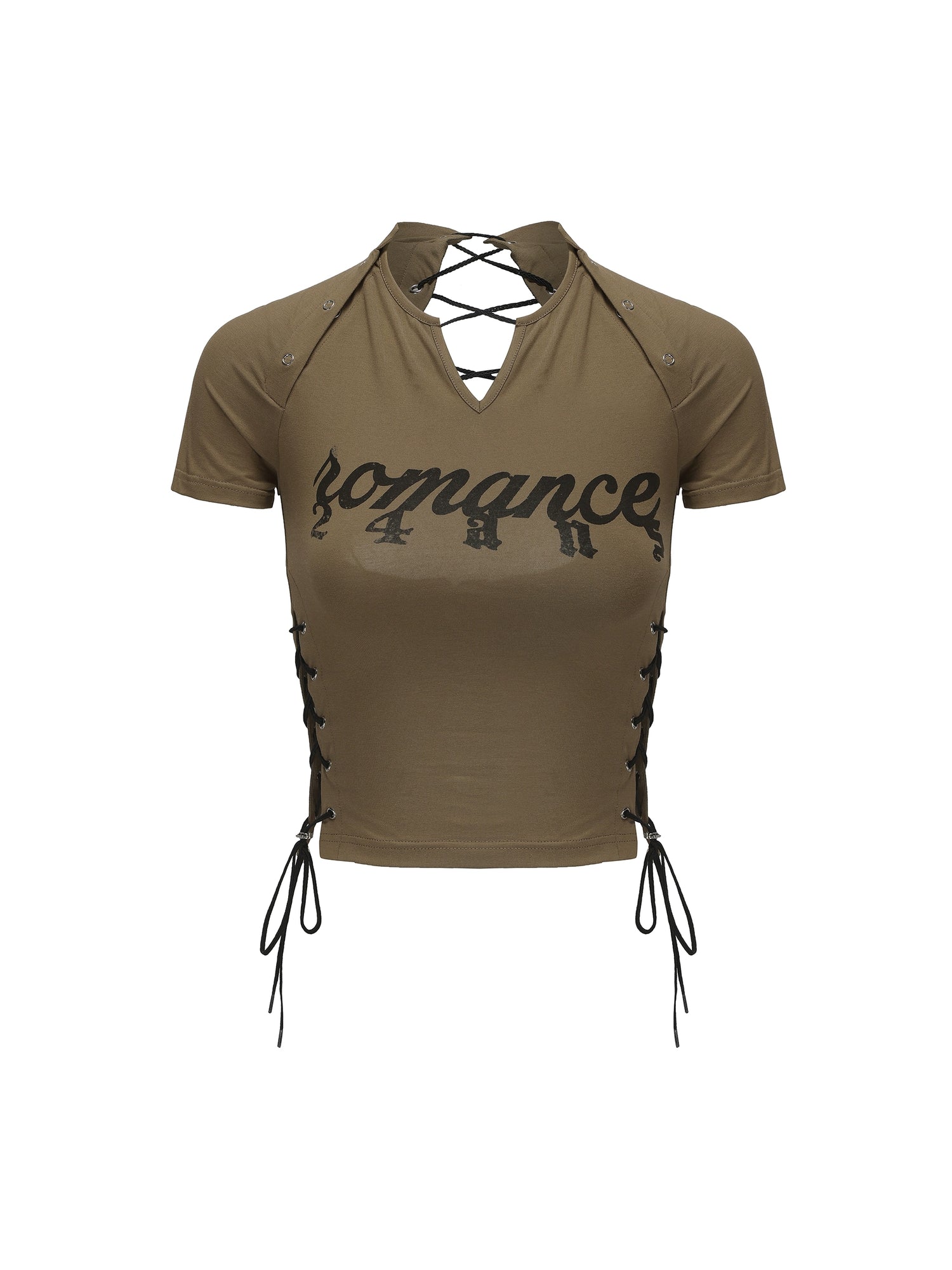 24ans Multifunctional Letter Print Back Lace High Waisted Slim Fit Tee MISSTT