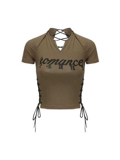 24ans Multifunctional Letter Print Back Lace High Waisted Slim Fit Tee MISSTT