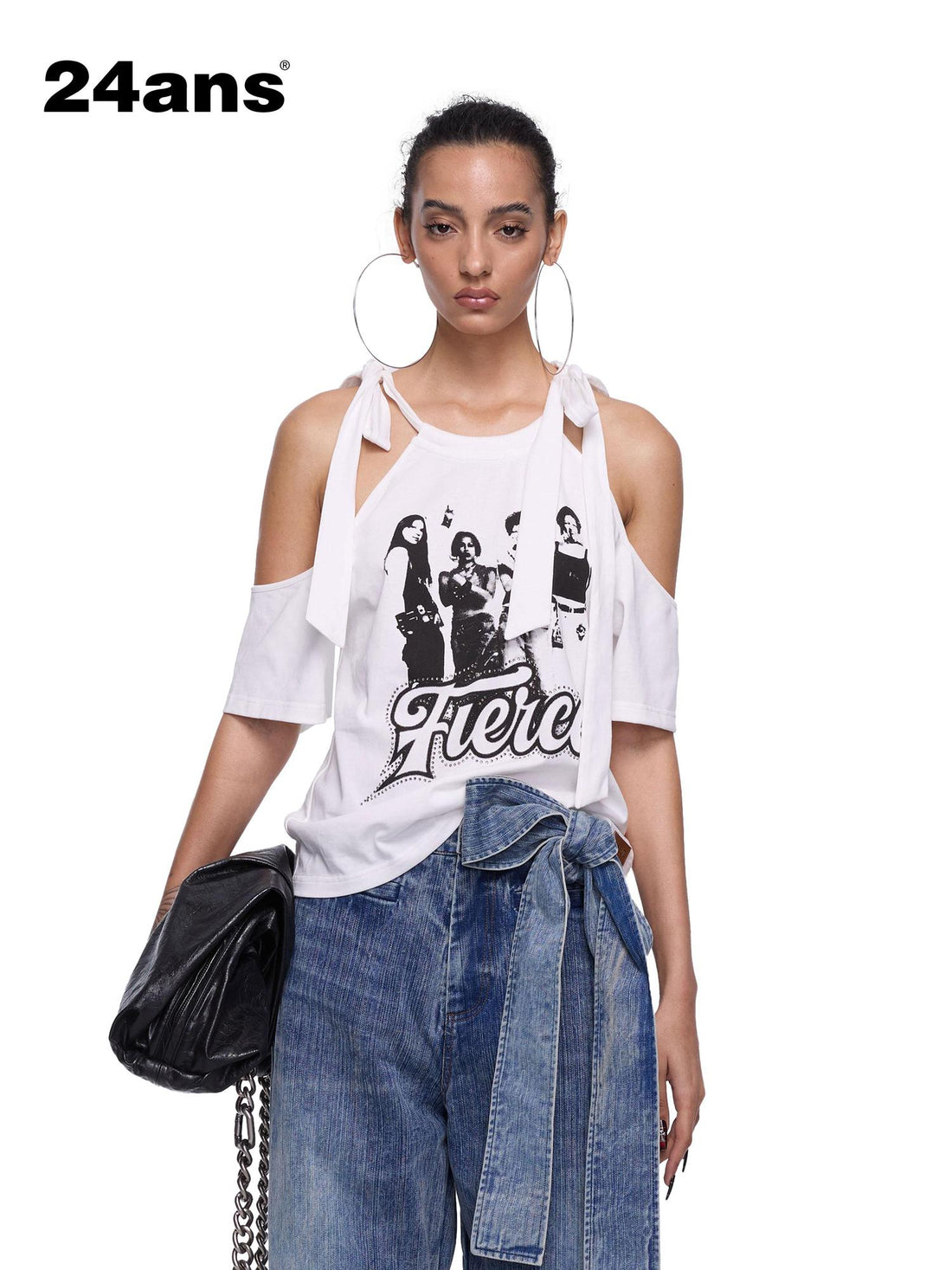 24ans Neck Tied Shoulder Cut Out Rhinestone Print T-Shirt