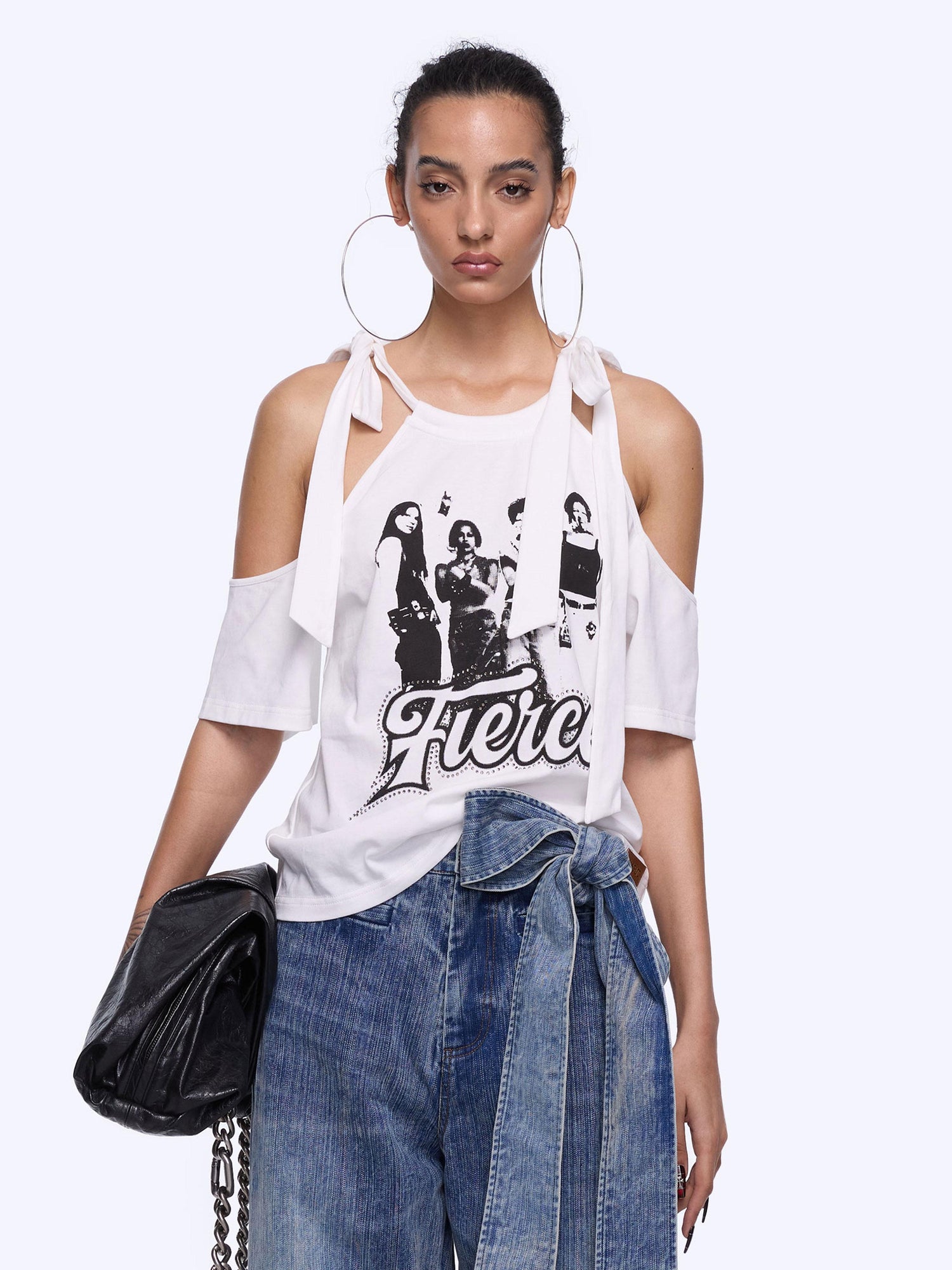 24ans Neck Tied Shoulder Cut Out Rhinestone Print T-Shirt