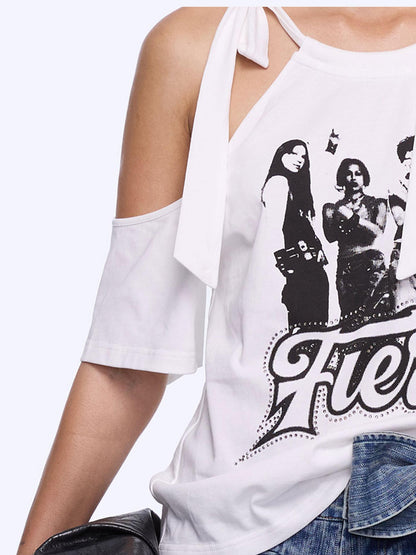 24ans Neck Tied Shoulder Cut Out Rhinestone Print T-Shirt