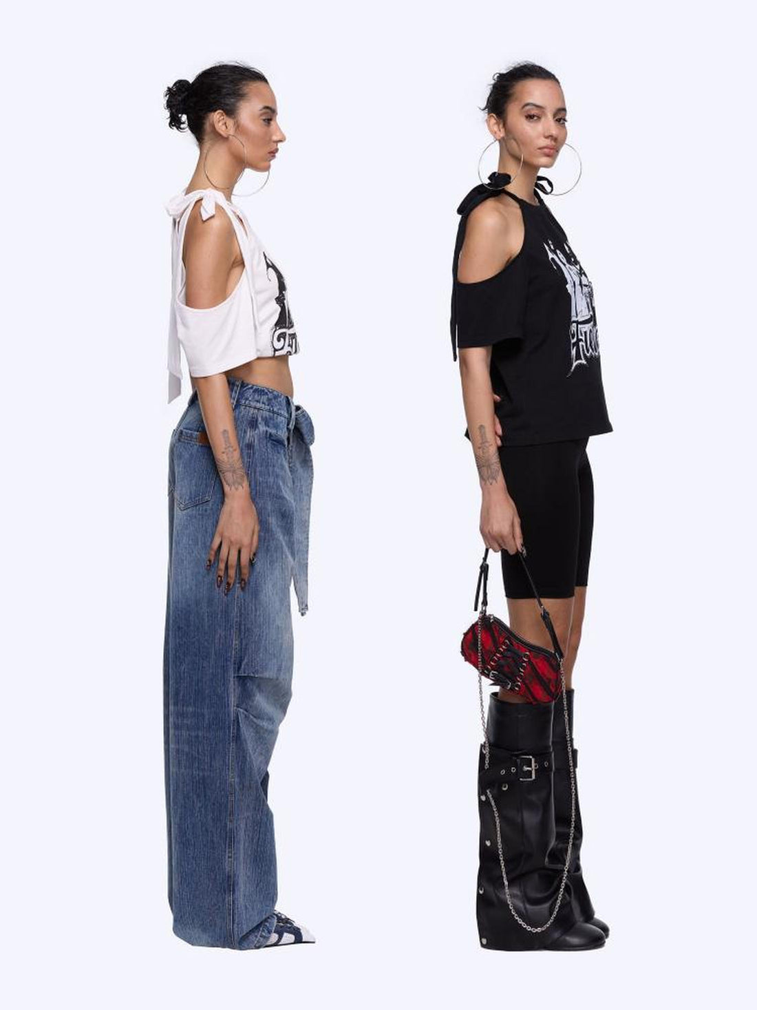 24ans Neck Tied Shoulder Cut Out Rhinestone Print T-Shirt
