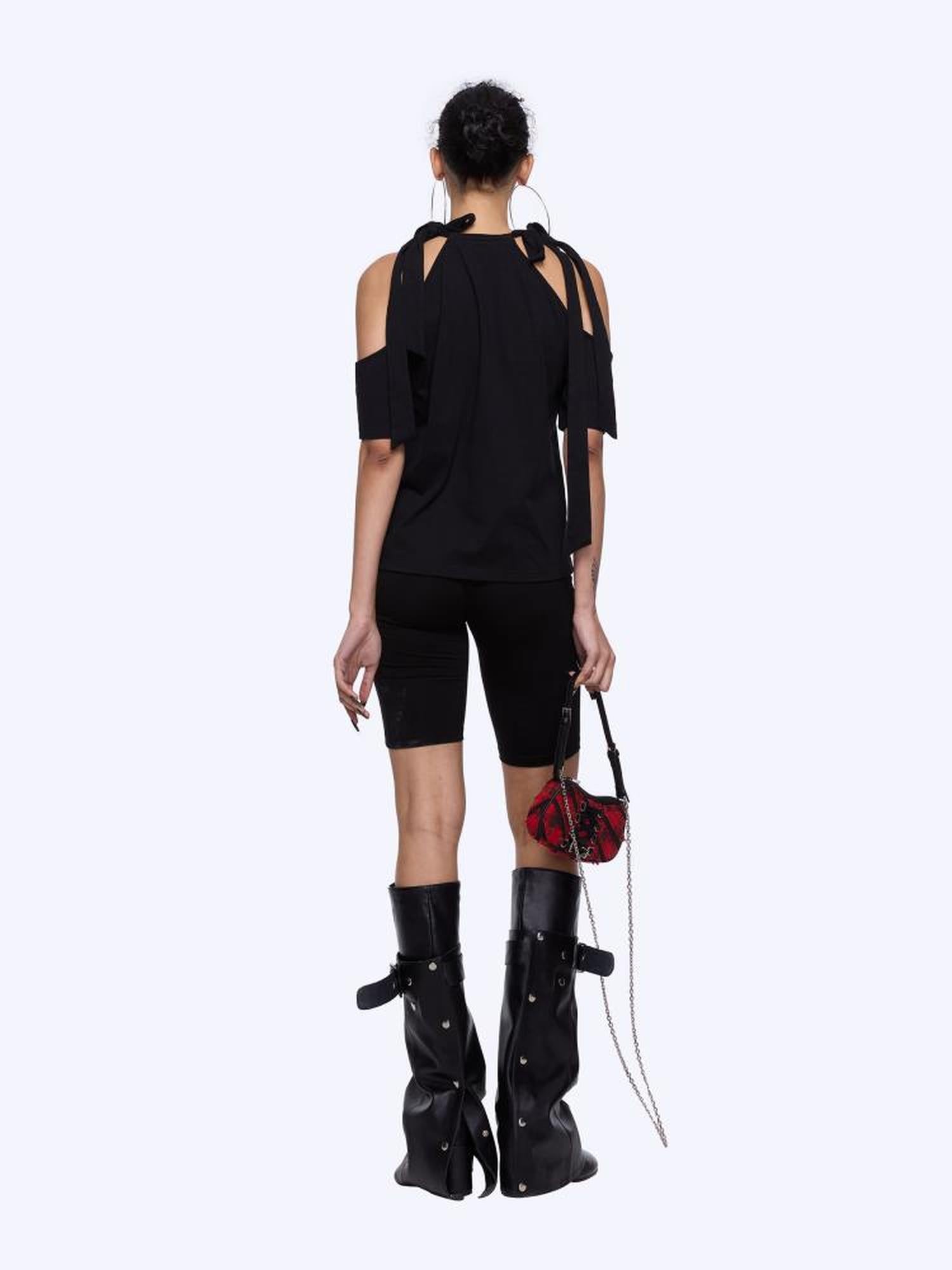 24ans Neck Tied Shoulder Cut Out Rhinestone Print T-Shirt