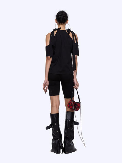 24ans Neck Tied Shoulder Cut Out Rhinestone Print T-Shirt