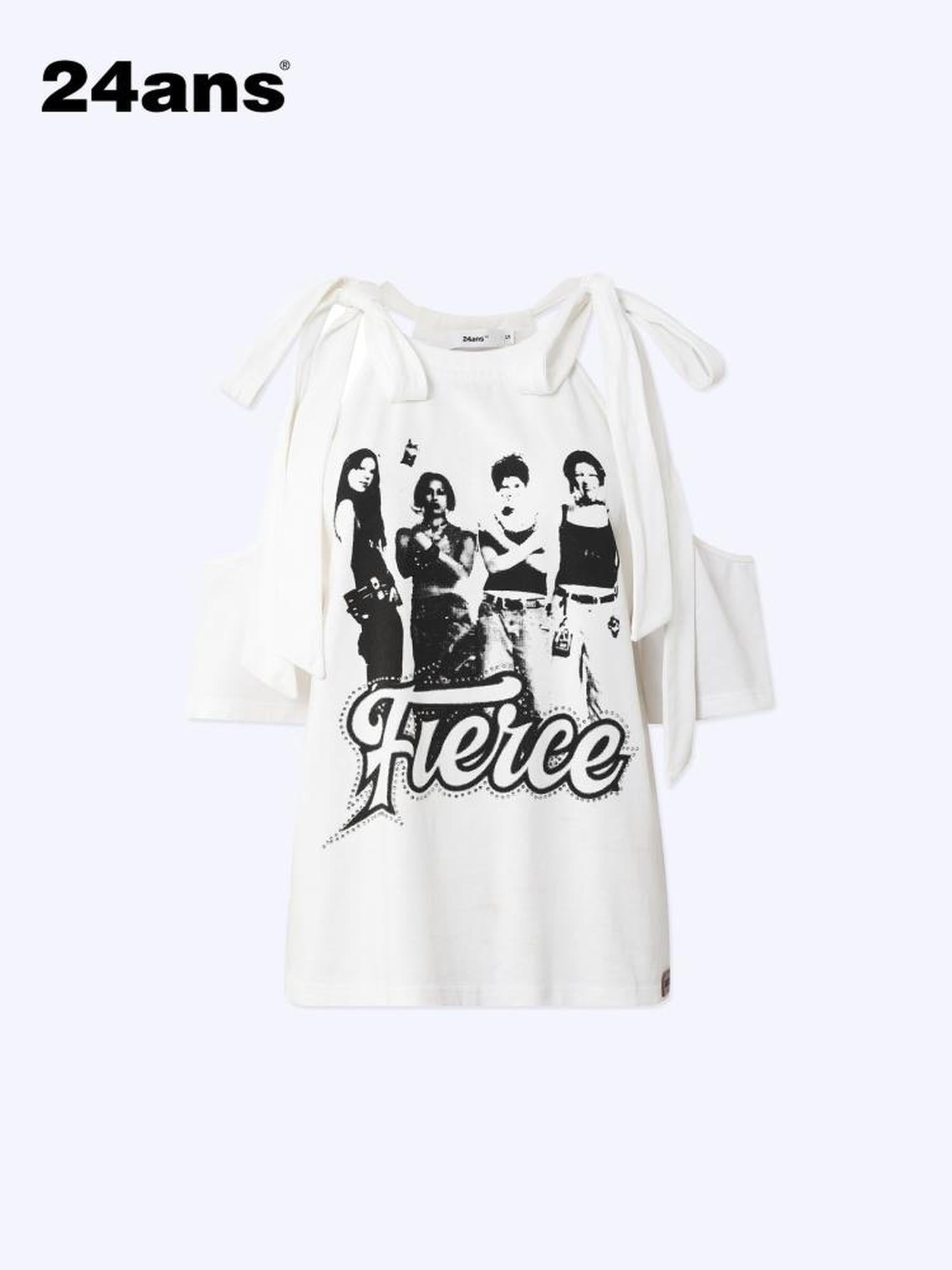 24ans Neck Tied Shoulder Cut Out Rhinestone Print T-Shirt