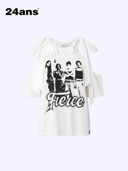 24ans Neck Tied Shoulder Cut Out Rhinestone Print T-Shirt
