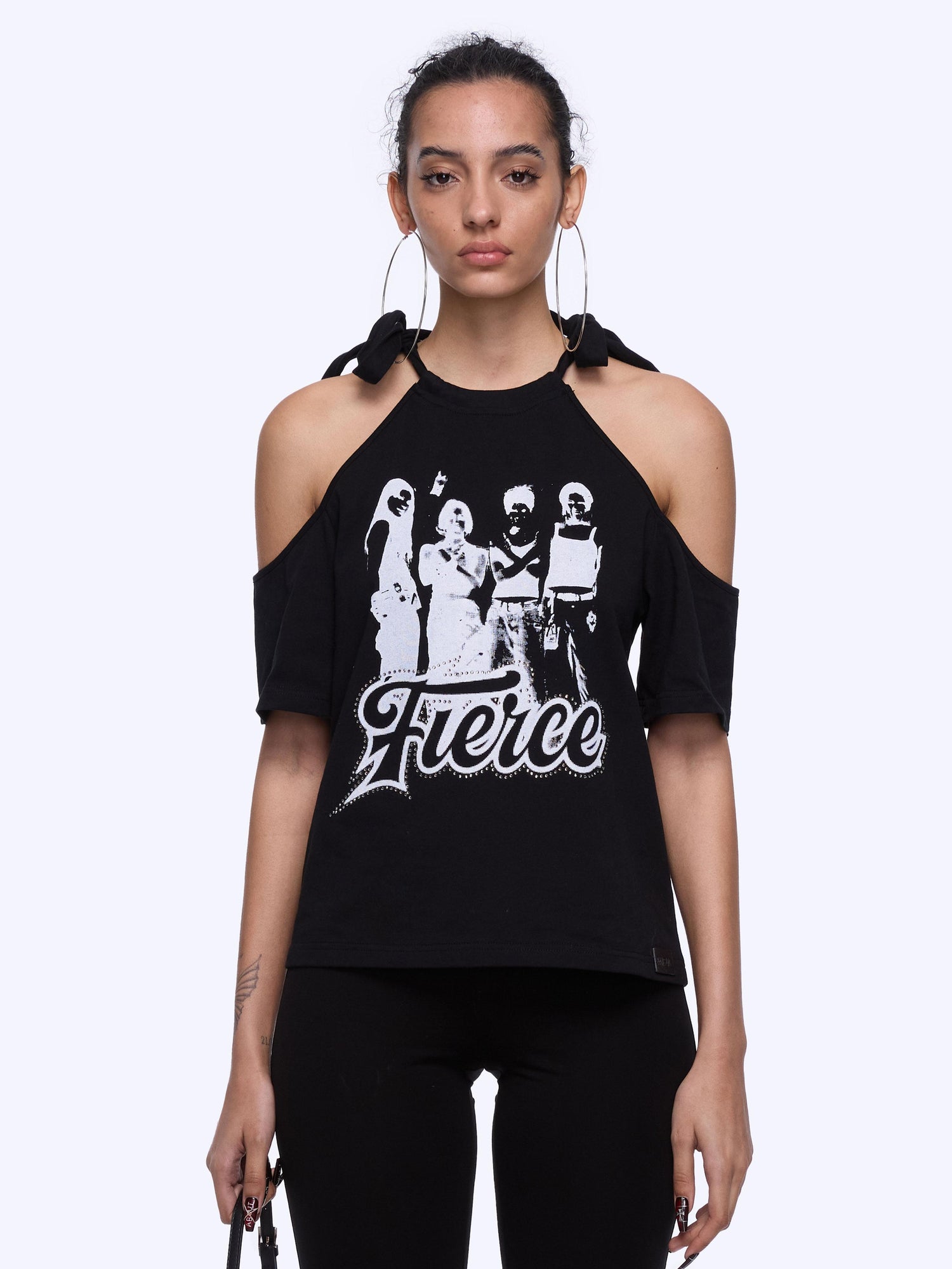 24ans Neck Tied Shoulder Cut Out Rhinestone Print T-Shirt