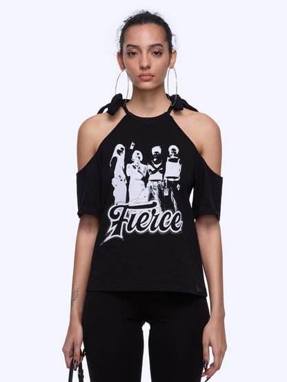 24ans Neck Tied Shoulder Cut Out Rhinestone Print T-Shirt