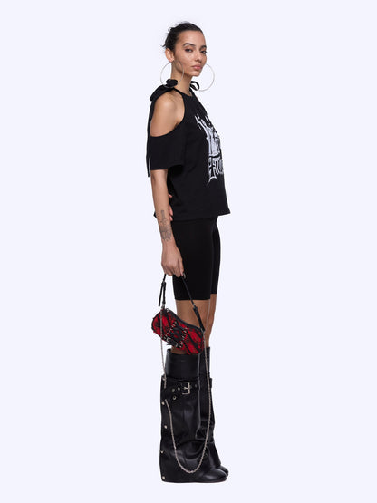24ans Neck Tied Shoulder Cut Out Rhinestone Print T-Shirt