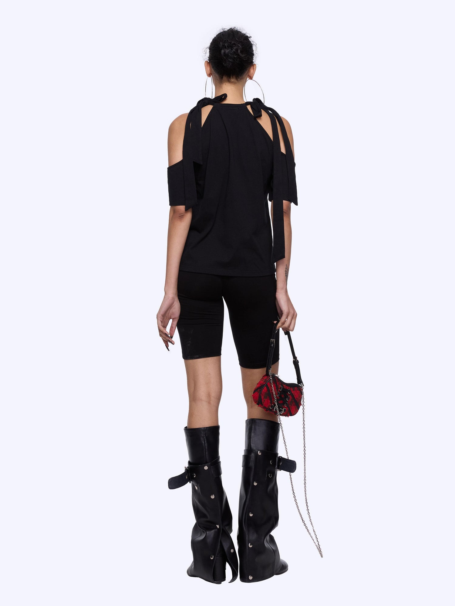 24ans Neck Tied Shoulder Cut Out Rhinestone Print T-Shirt