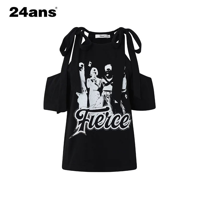 24ans Neck Tied Shoulder Cut Out Rhinestone Print T-Shirt MISSTT