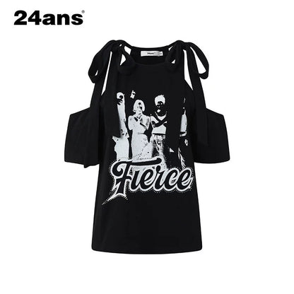 24ans Neck Tied Shoulder Cut Out Rhinestone Print T-Shirt MISSTT