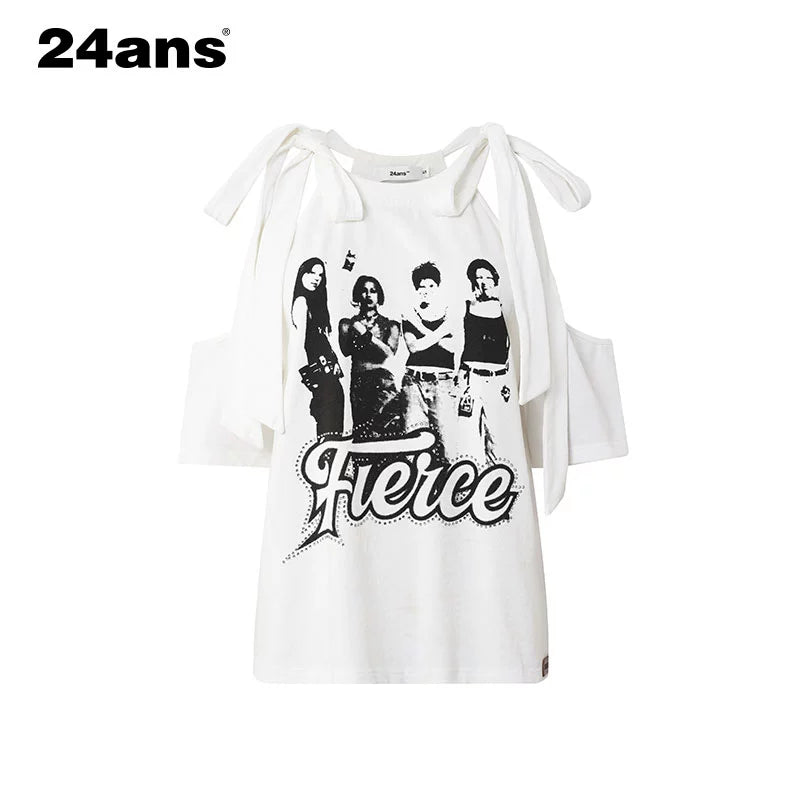 24ans Neck Tied Shoulder Cut Out Rhinestone Print T-Shirt MISSTT