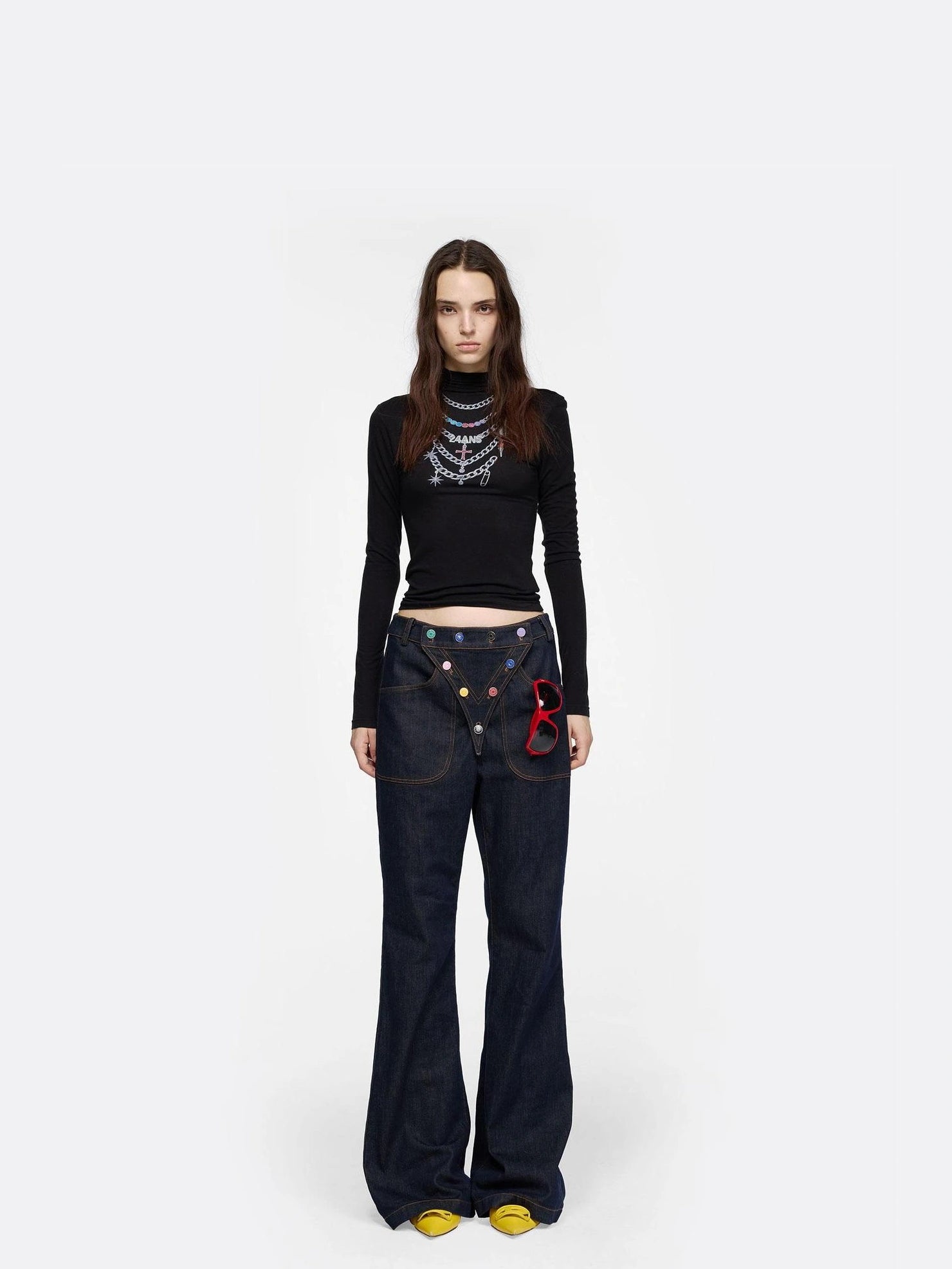 24ans Necklace Print High Neck Long Sleeve Top T-shirt