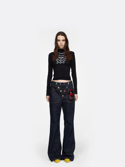 24ans Necklace Print High Neck Long Sleeve Top T-shirt