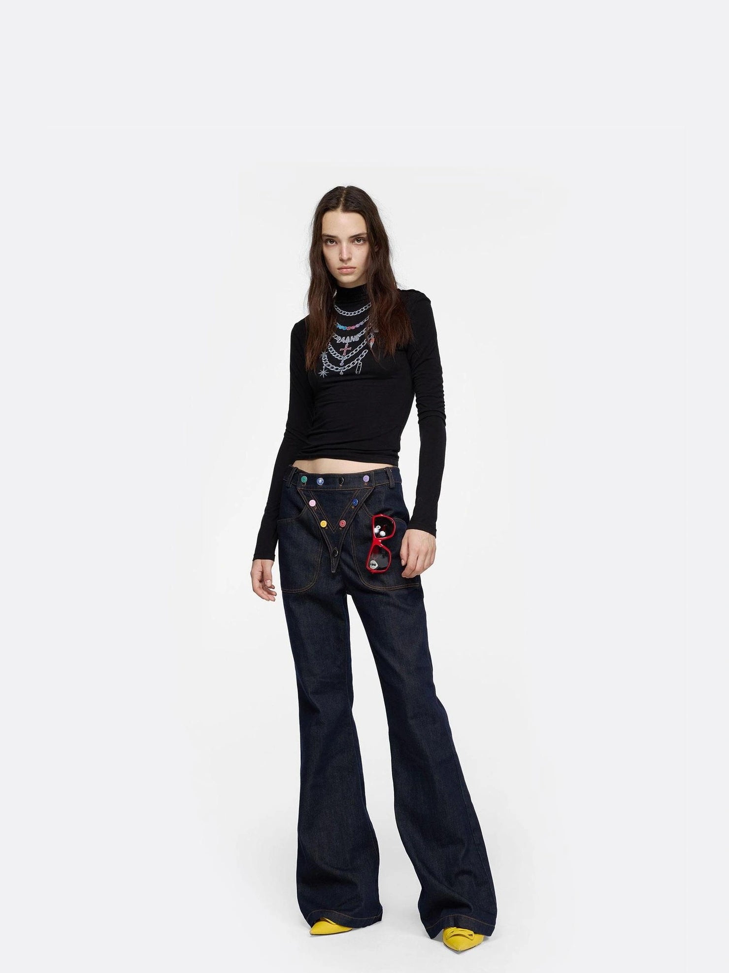 24ans Necklace Print High Neck Long Sleeve Top T-shirt