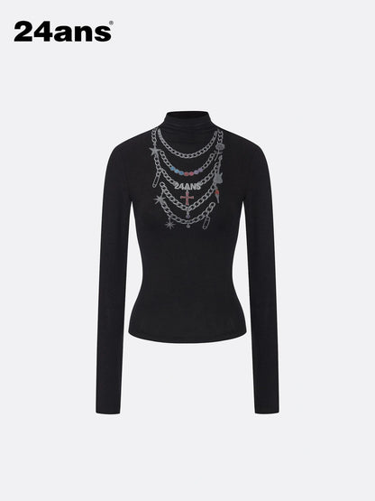 24ans Necklace Print High Neck Long Sleeve Top T-shirt