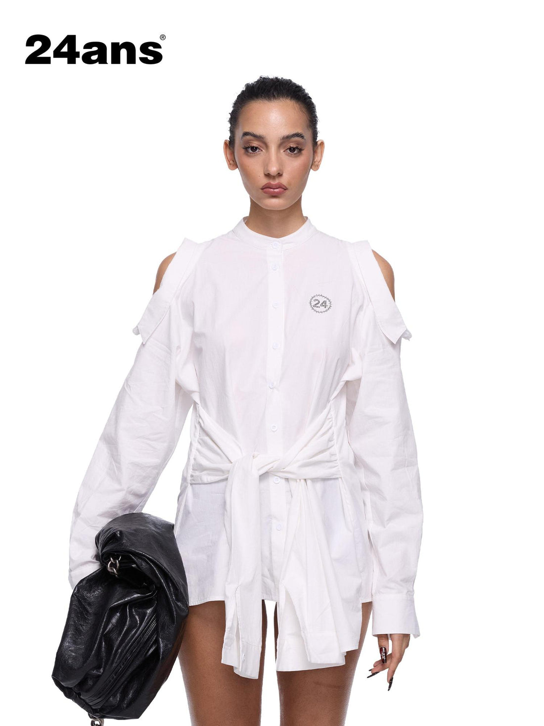 24ans Off Shoulder Tie Front Shirtdress In Cotton