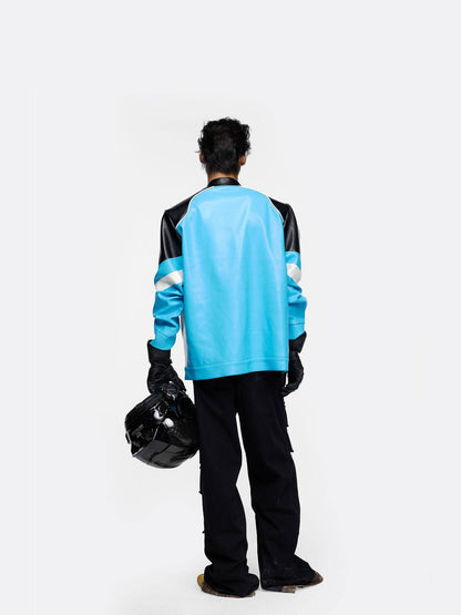 24ans Oversize Color Block Leather Moto Jacket