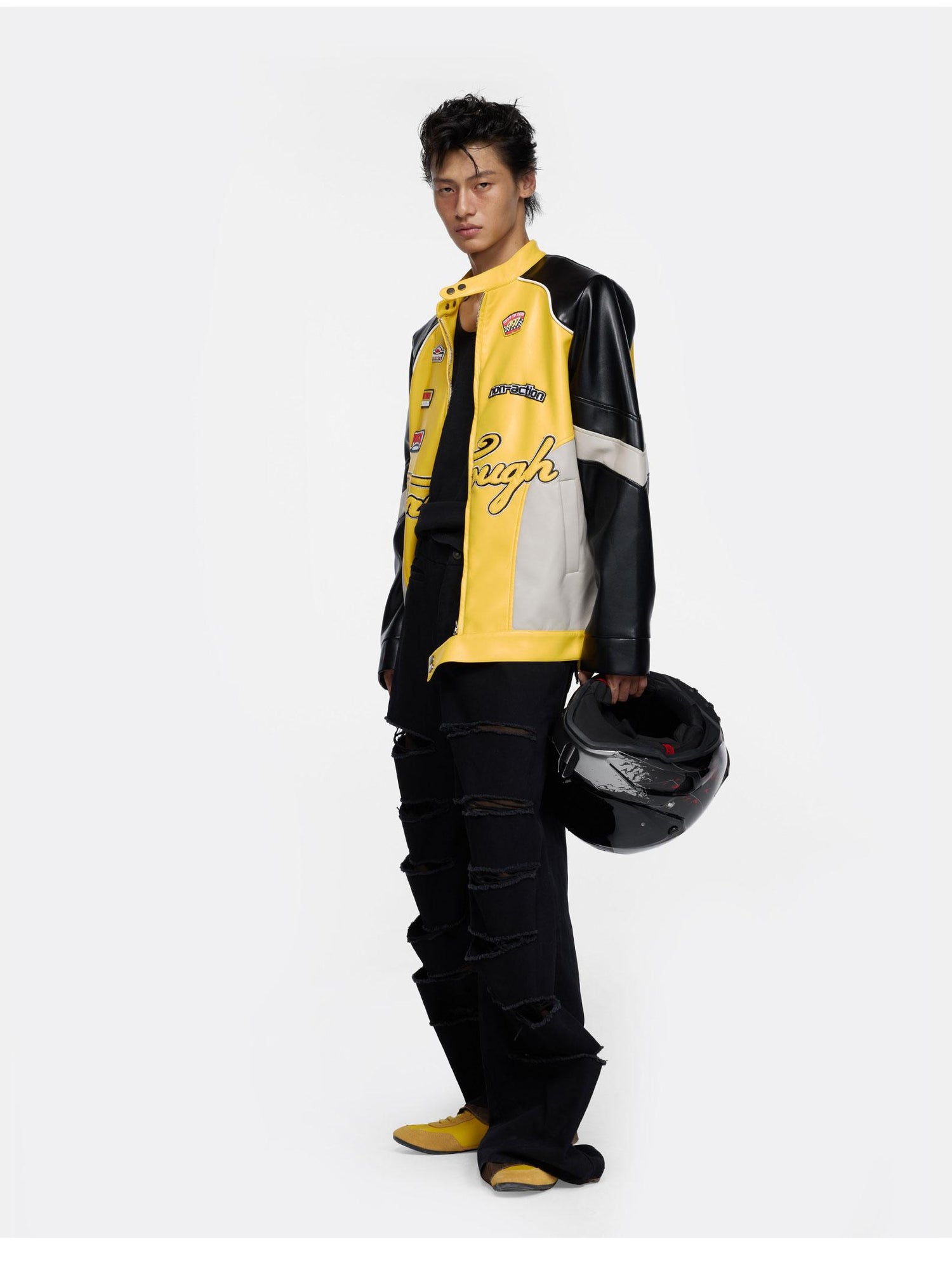24ans Oversize Color Block Leather Moto Jacket