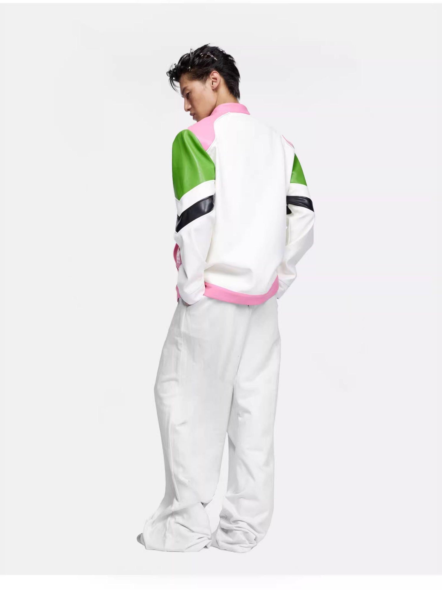 24ans Oversize Color Block Leather Moto Jacket