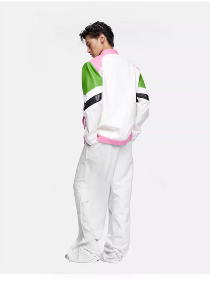 24ans Oversize Color Block Leather Moto Jacket