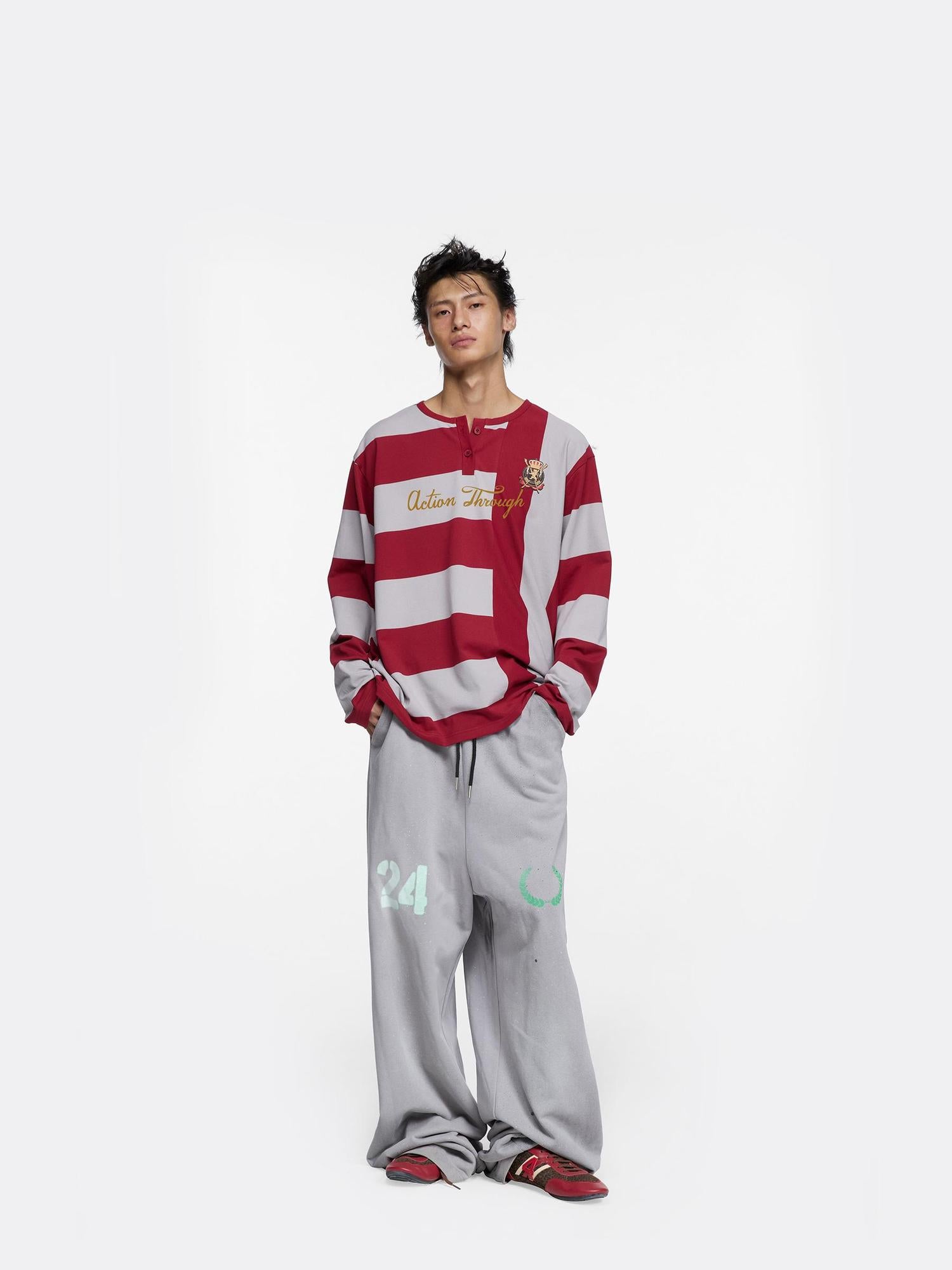 24ans Oversize Striped Long Sleeve T-Shirt In Grey Red