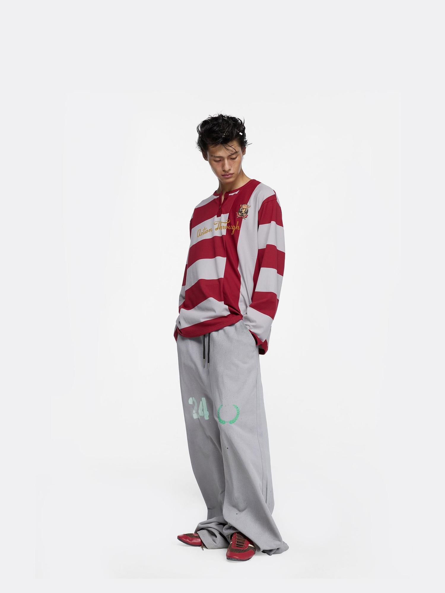 24ans Oversize Striped Long Sleeve T-Shirt In Grey Red