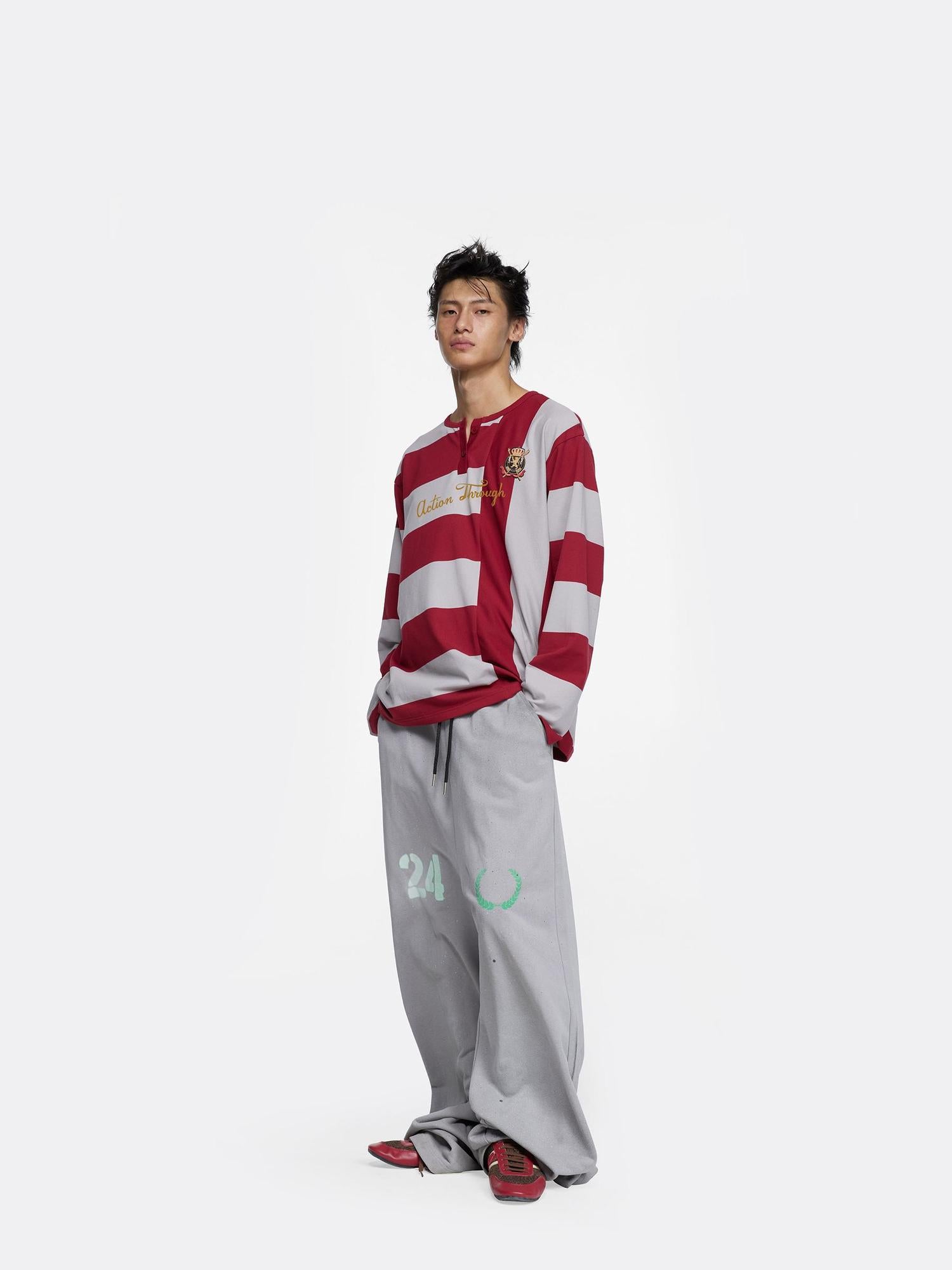 24ans Oversize Striped Long Sleeve T-Shirt In Grey Red