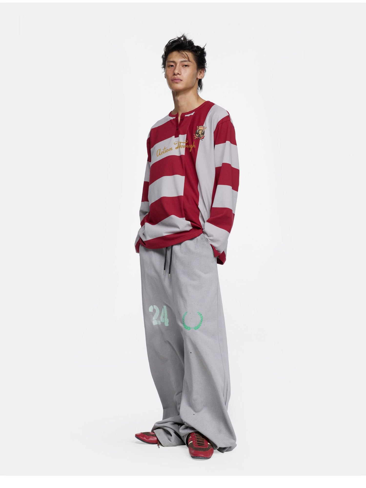 24ans Oversize Striped Long Sleeve T-Shirt In Grey Red