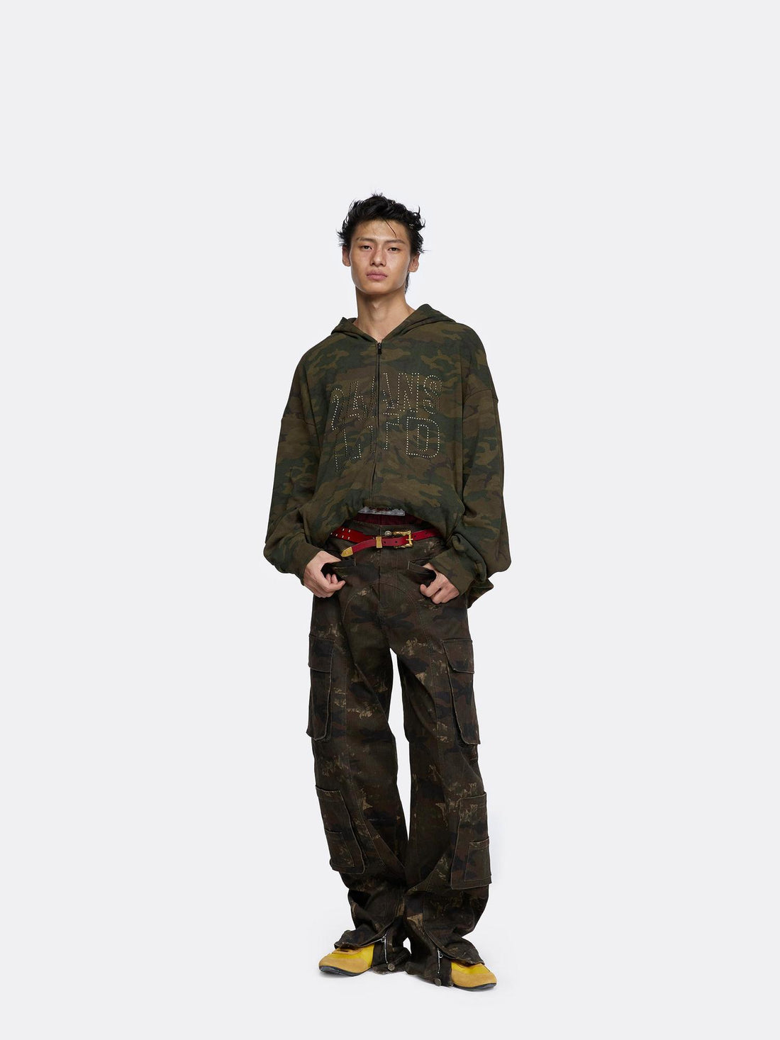 24ans Oversize Zip Up Hoodie With Leopard Camo Rhinestone