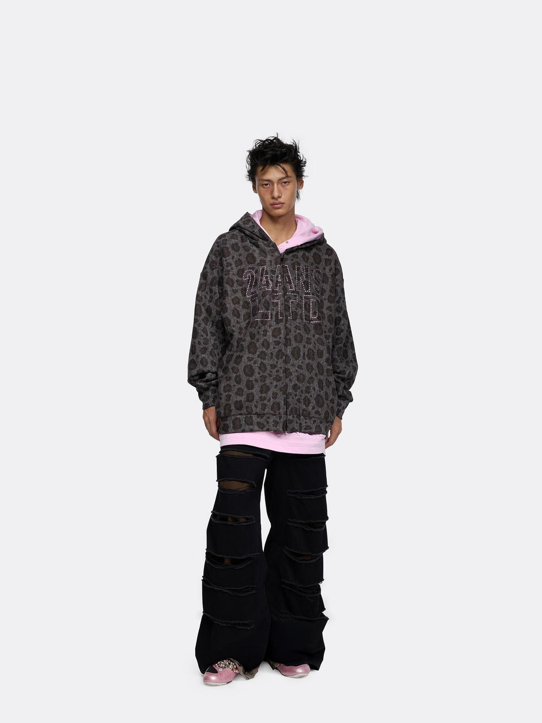 24ans Oversize Zip Up Hoodie With Leopard Camo Rhinestone