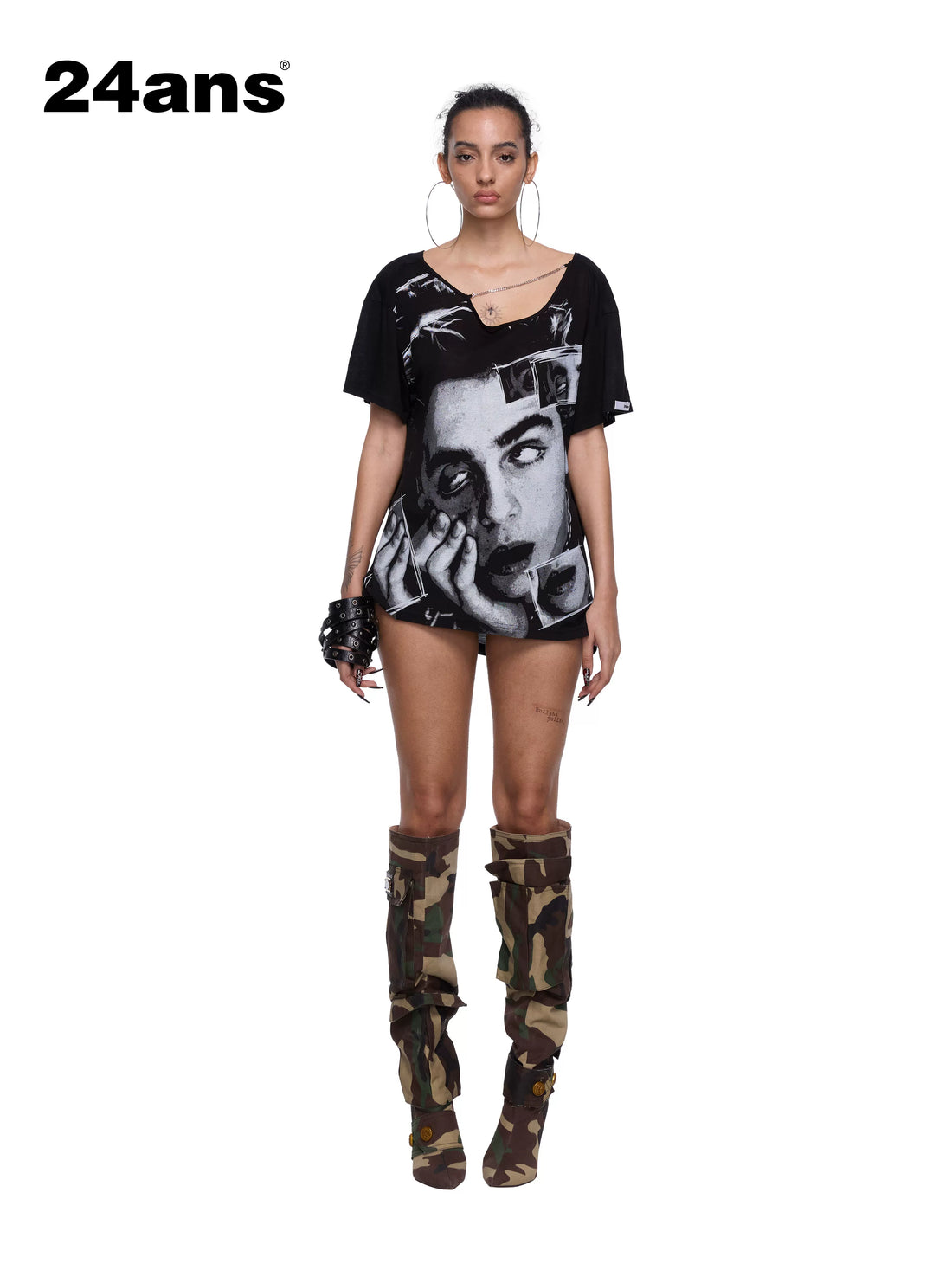 24ans Oversized Backless Chain Print T Shirt In Tencel Blend-1