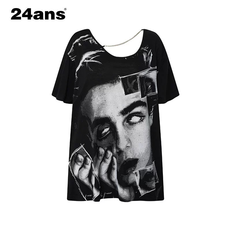 24ans Oversized Backless Chain Print T-Shirt In Tencel Blend MISSTT