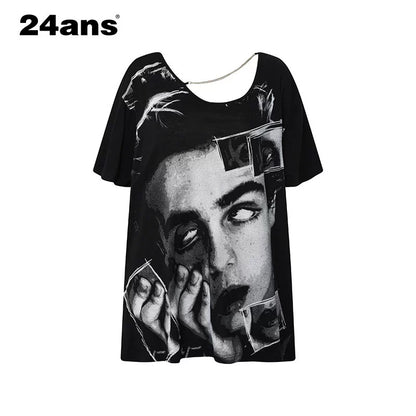 24ans Oversized Backless Chain Print T-Shirt In Tencel Blend MISSTT