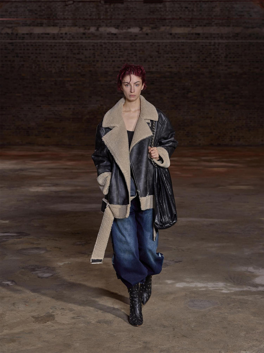 24ans Oversized Faux Shearling Collar Unisex Leather Jacket