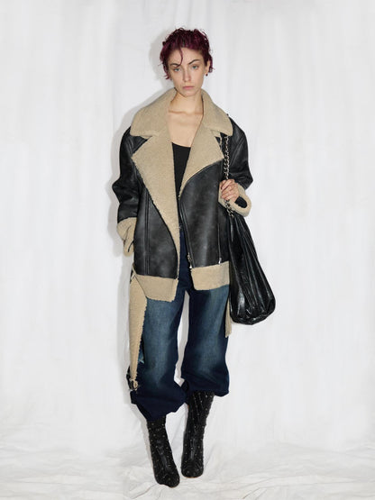 24ans Oversized Faux Shearling Collar Unisex Leather Jacket