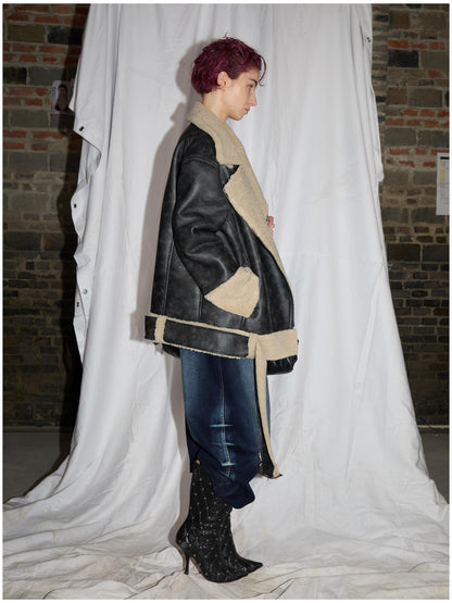 24ans Oversized Faux Shearling Collar Unisex Leather Jacket