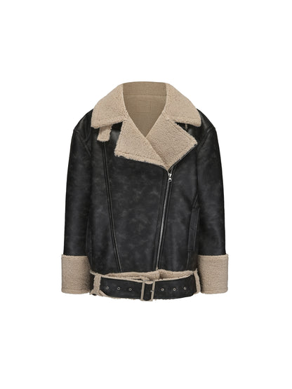 24ans Oversized Faux Shearling Collar Unisex Leather Jacket MISSTT