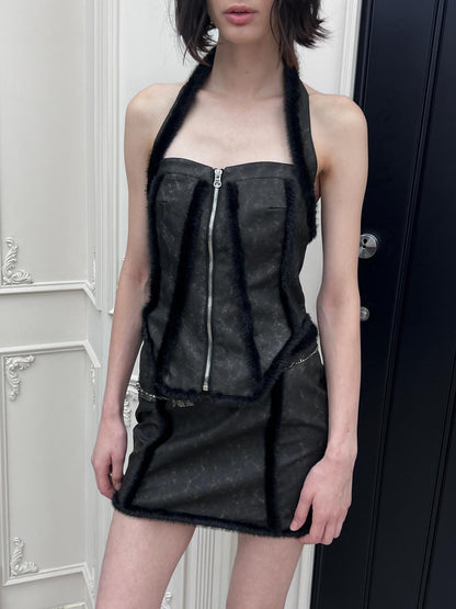 24ans PU Blend Cut Out Halter Top and Skirt Set