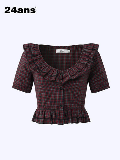 Plaid Lace Short Sleeve Crop Shirt Shirts