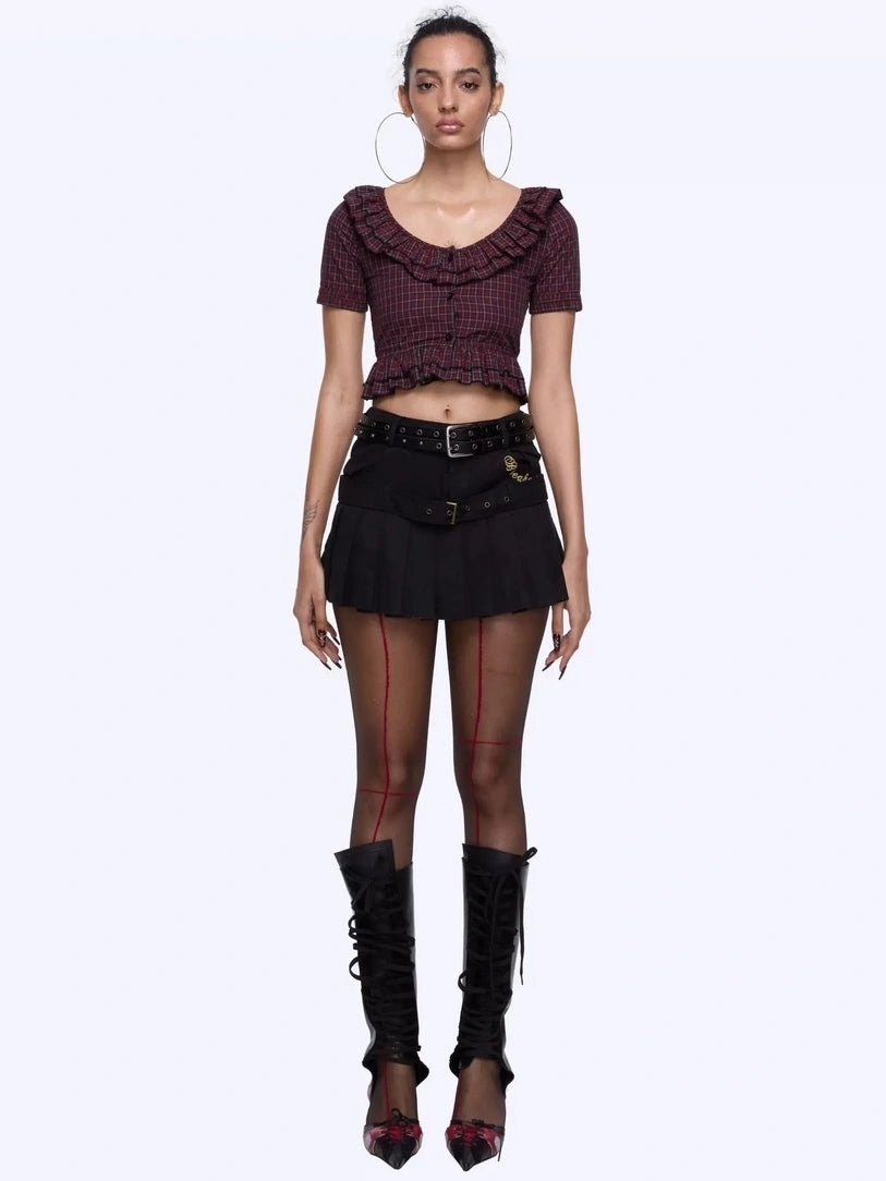 Plaid Lace Short Sleeve Crop Shirt Shirts
