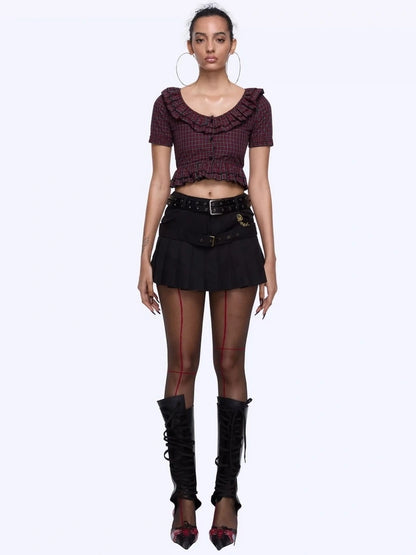 Plaid Lace Short Sleeve Crop Shirt Shirts