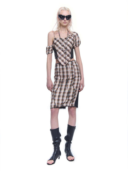 24ans Plaid Polyester Satin Skirt Set V-neck T-shirt Long-Sleeve