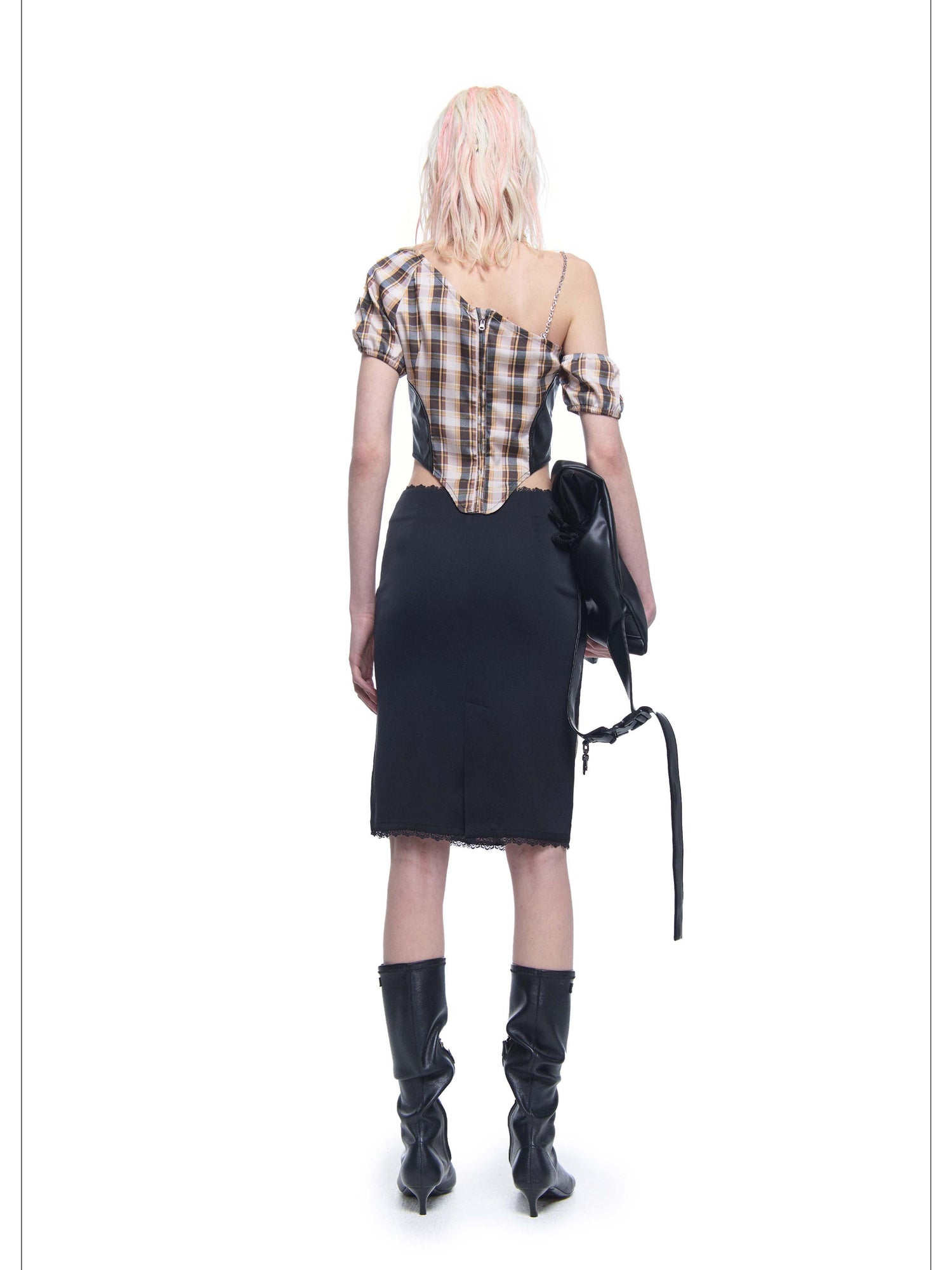 24ans Plaid Polyester Satin Skirt Set V-neck T-shirt Long-Sleeve