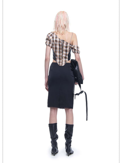 24ans Plaid Polyester Satin Skirt Set V-neck T-shirt Long-Sleeve