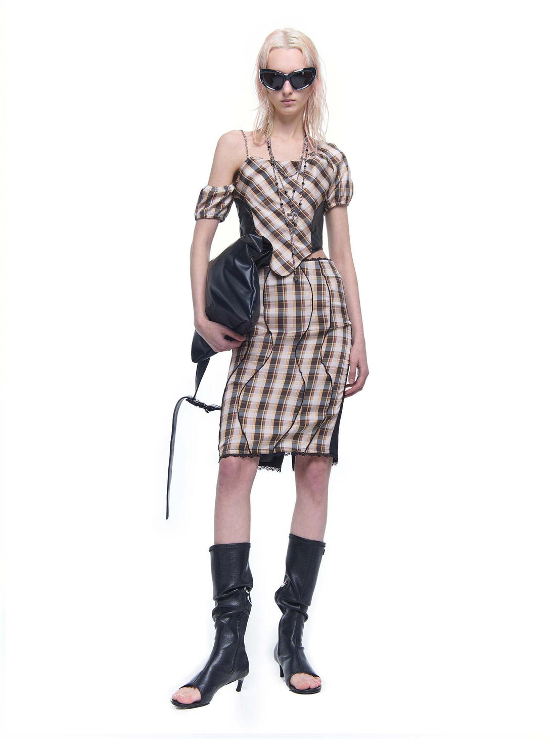 24ans Plaid Polyester Satin Skirt Set V-neck T-shirt Long-Sleeve